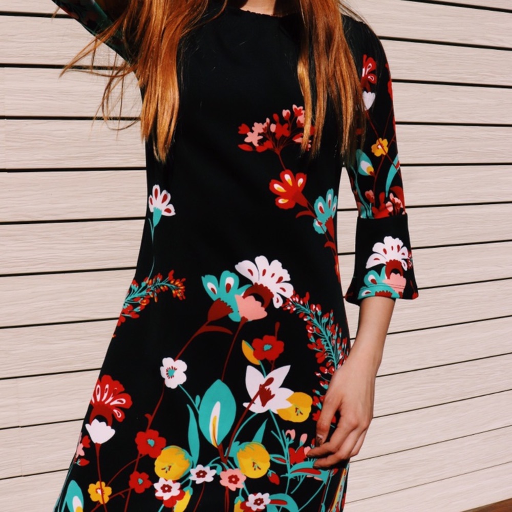 Quarter Sleeve Black Floral Midi Dress